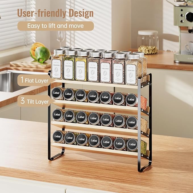 MUDEELA 4 Tier Spice Rack Organizer for Cabinet, Vertical Spice Shelf, Wooden Material, Seasoning Organizer for Countertop, Kitchen, Pantry, Freestanding, 13.4" W × 11.2" H (No Jars Included), Black