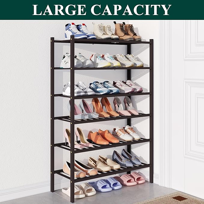 Smiry Bamboo Shoe Rack for Closet, 6 Tier Wooden Stackable Shoe Organizer, Free Standing Shoes Storage Shelf for Entryway, Front Door Entrance, Black