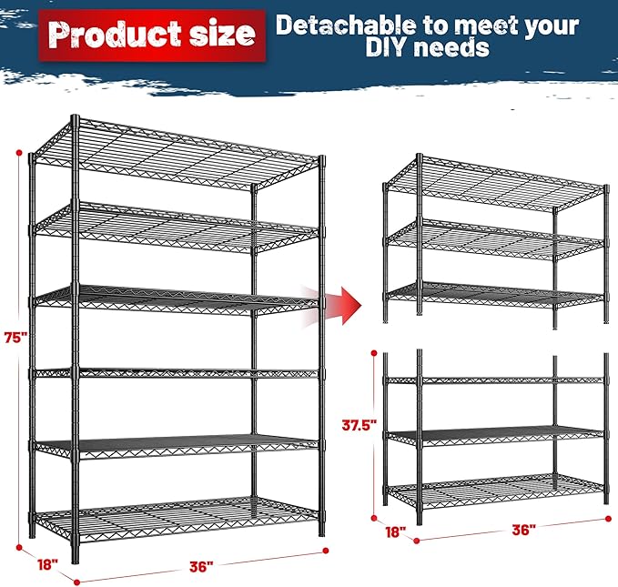 6 Tier Metal Shelving 75" H Adjustable Storage Shelves, 1200LBS Wire Shelving Unit for Storage Rack, Metal Shelves for Pantry Shelves, Garage, Kitchen, 75" Hx 36" Wx 18" D