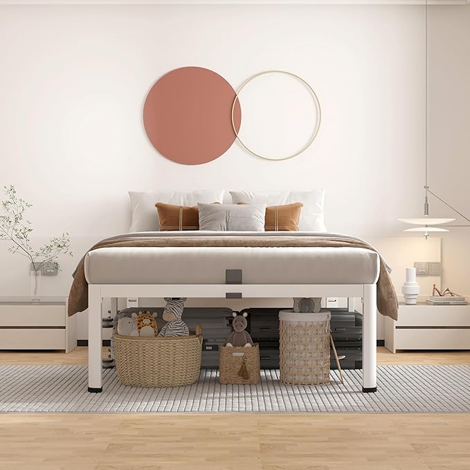 ROIL 18 Inch White Twin Size Bed Frame with Rounded Corner and Headboard Hole Mattress Retainers 3500LBS Heavy Duty Steel Slats No Box Spring Needed Platform Noise-Free Easy Assembly