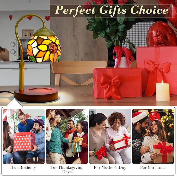 Candle Warmer Lamp with Timer Dimmer, Adjustable Height Candle Warmer for Jar Candles, Birthday Gifts for Women New Home Bedroom Decor Tiffany Sunflower Style Stained Glass with 2 Bulbs