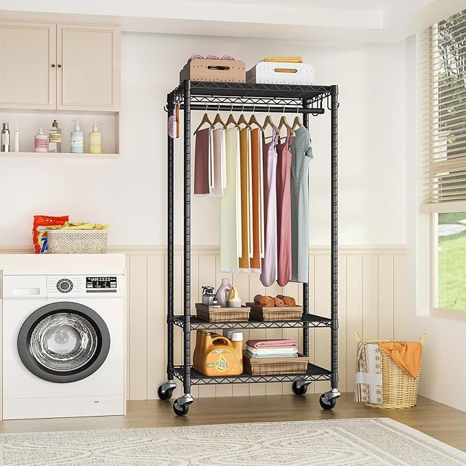 FUTASSI P6 Medium Rolling Clothes Rack Heavy Duty, Clothing Racks for Hanging Clothes, Freestanding Garment Rack with Wheels, Portable Closet Rack Max Load 370 LBS, 30''W x 14''D x 77.6''H, Black