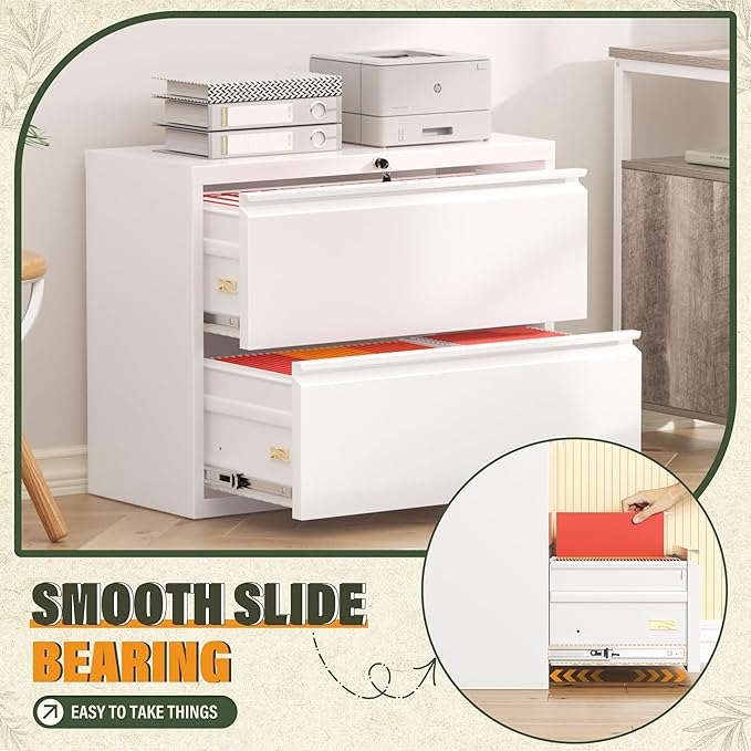 Greenvelly Lateral File Cabinet 2 Drawer, Lockable Metal Filing Cabinet for Home Office, White Metal File Cabinet with Lock for Legal/Letter/A4/F4 Size with Hanging Bars&Key