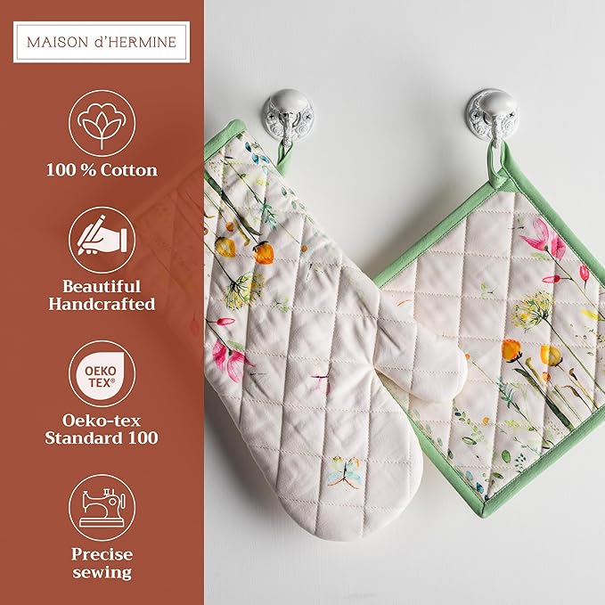 Maison d' Hermine 100% Cotton Oven Mitt & Pot Holder Set (7.5"x13" & 8"x8") Heat Resistant BBQ Cooking Gloves with Loop, Baking, Grilling, Kitchen, Handling Hot Pans Spring/Summer (Botanical Fresh)