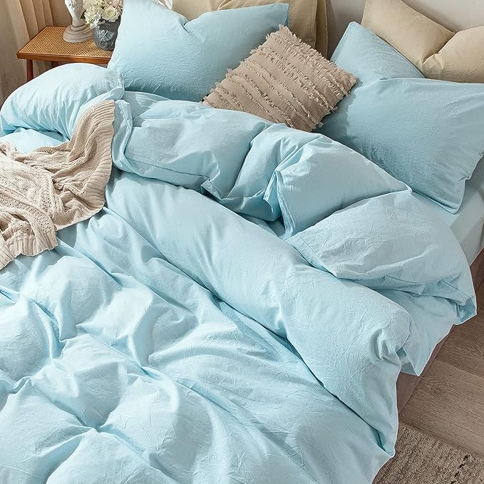 MooMee Bedding Duvet Cover Set 100% Washed Cotton Linen Like Textured Breathable Durable Soft Comfy (Heathered Light Blue, King 104"x90")