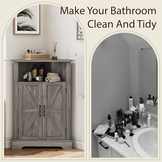 Smuxee Bathroom Corner Storage Cabinet, Farmhouse Floor Corner Cabinet with Barn Door and Adjustable Shelf, Wash Grey Narrow Cabinet Organizer for Bathroom, Living Room, Kitchen