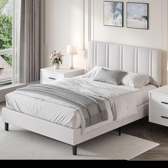 Queen Bed Frame, Upholstered Platform Bed with Button Tufted Headboard, White Bed Frame Queen Size, No Box Spring Required, Easy Assembly, White