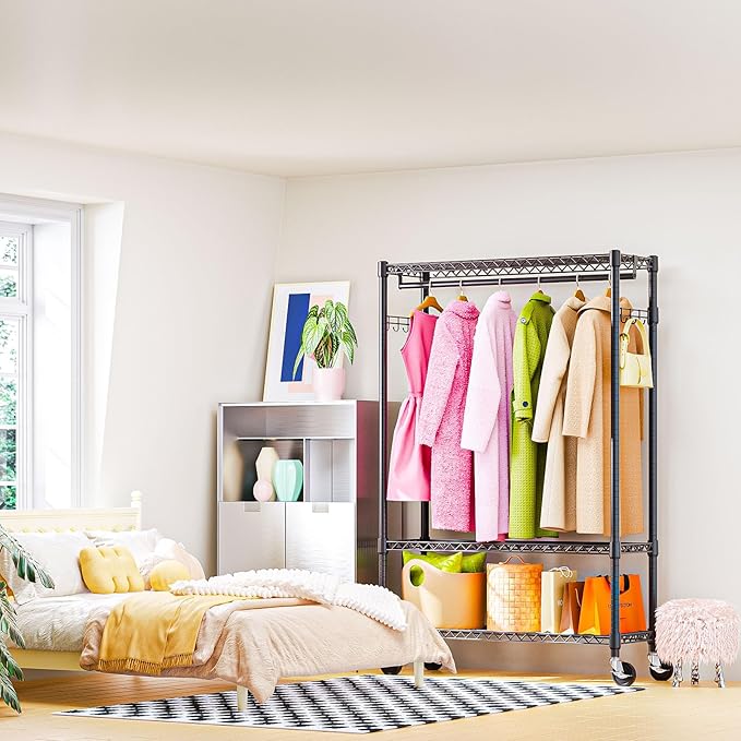 Heavy Duty Rolling Garment Rack 3 Tiers Adjustable Wire Shelving Clothes Rack with 1 Rods and Side Hooks,Storage Closet Clothing Rack with Wheels Black 15.7" D x 45.3" W x 75.6" H