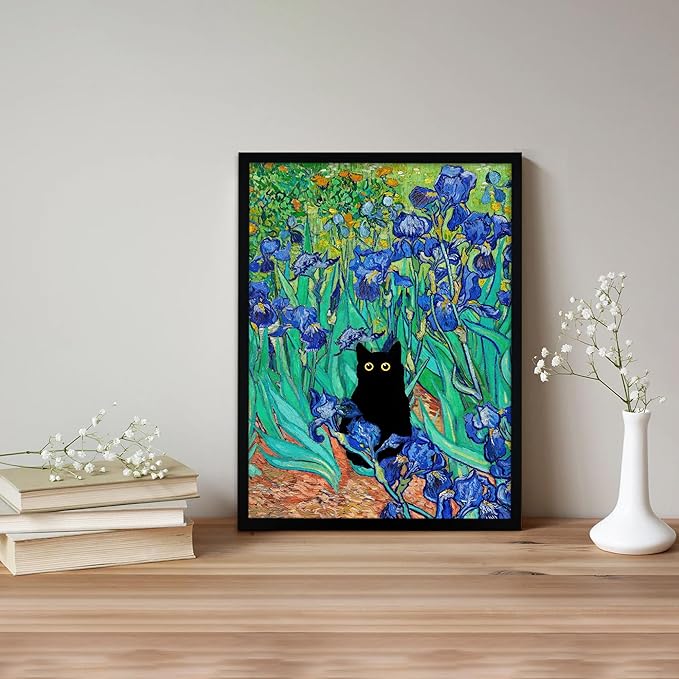 Krtoni Framed Van Gogh Irises Canvas Wall Art, Famous Oil Paintings Garden Flower Black Cat Wall Decor, Impressionism Funny Vintage Print Artwork For Farmhouse Gallery Bathroom 16''L x 12''W