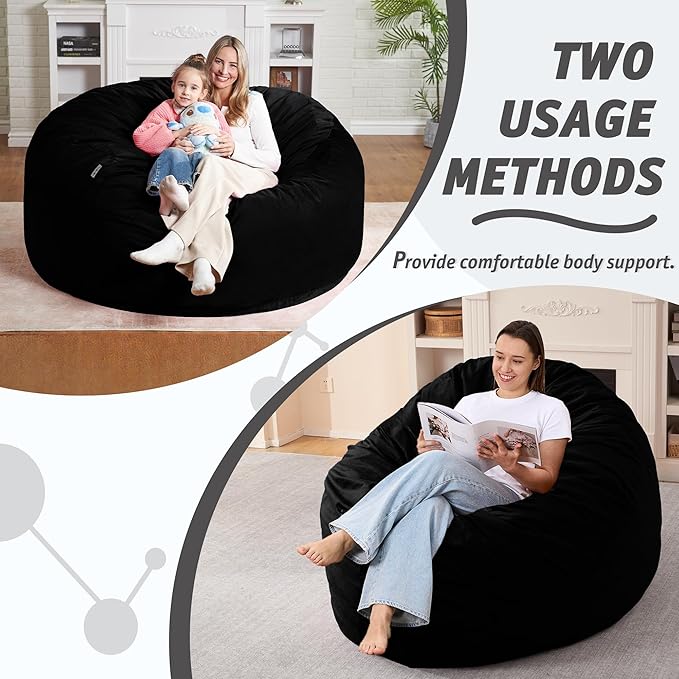 5FT Bean Bag Chair with Ultra Soft Velvet Cover Bean Bag Sofa with Memory Foam Bean Bag Chairs with Large Size Lazy Sofa for Dorm Office Living Room Bedroom Black 5'