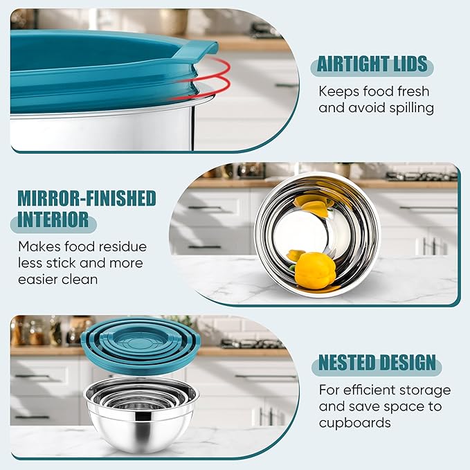 P&P CHEF Mixing Bowl with Airtight Lid Set of 5, 10-Piece Stainless Steel Nesting Salad Bowl Set for Prepping, Mixing and Serving, Size 4.6, 3, 1.5, 1, 0.7 QT, Rimmed Edges & Flat Base, Blue