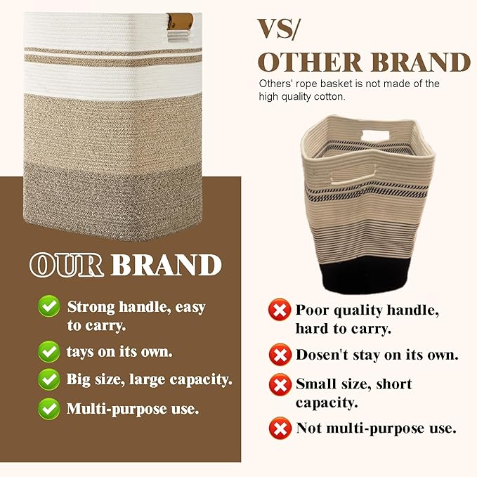 Laundry Hamper, 95L Tall Laundry Basket with Leather Handles, Rectangle Large Clothes Hamper for Organizing, Cotton Woven Laundry Baskets Storage Hampers for Bedroom, Nursery, Living Room