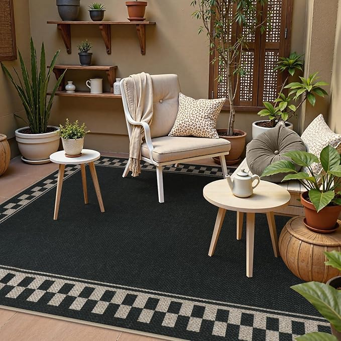 OJIA Easy Jute 5x7 Area Rugs, Washable Outdoor Patio Rug for Living Room Checkered Border Indoor Outdoor Rugs Farmhouse Non-Slip Black Carpet Geometric Rug for Backyard Entryway Dining Room
