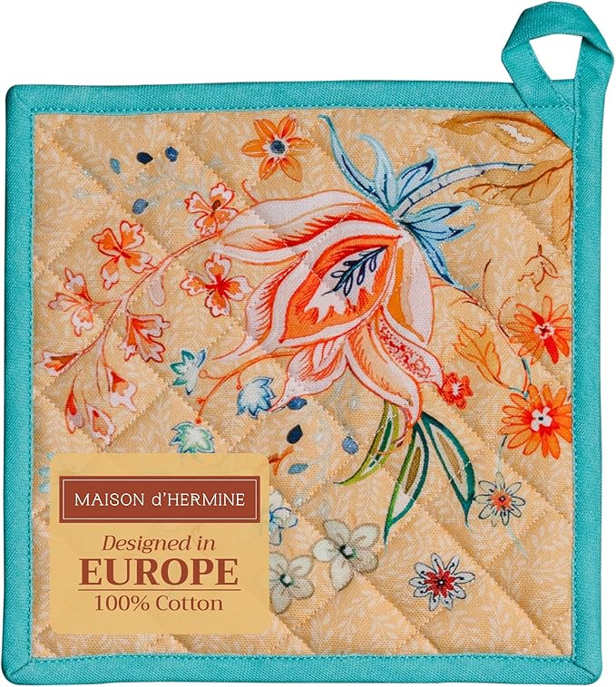 Maison d' Hermine Pot Holders 100% Cotton Heat Resistant Potholders 8" x 8" Hot Pads with Loop BBQ, Cooking, Baking, Grilling, Kitchen, Handling Hot Pans Spring/Summer (Pack of 1, Luxury Loft – Peach)