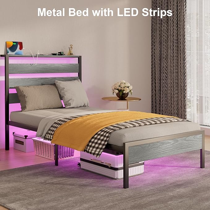 Twin Bed Frame with LED Lights & Charging Station, Metal Platform Bed with Headboard, Heavy Duty Metal Slats, No Box Spring Needed, Noise Free, Easy Assembly