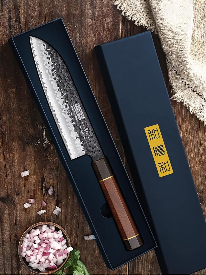 Chef's Santoku Knife 7 Inch, Professional Japanese High Carbon Steel Chef Knife, Ultra Sharp Kitchen Knife with Octagonal Rosewood Handle