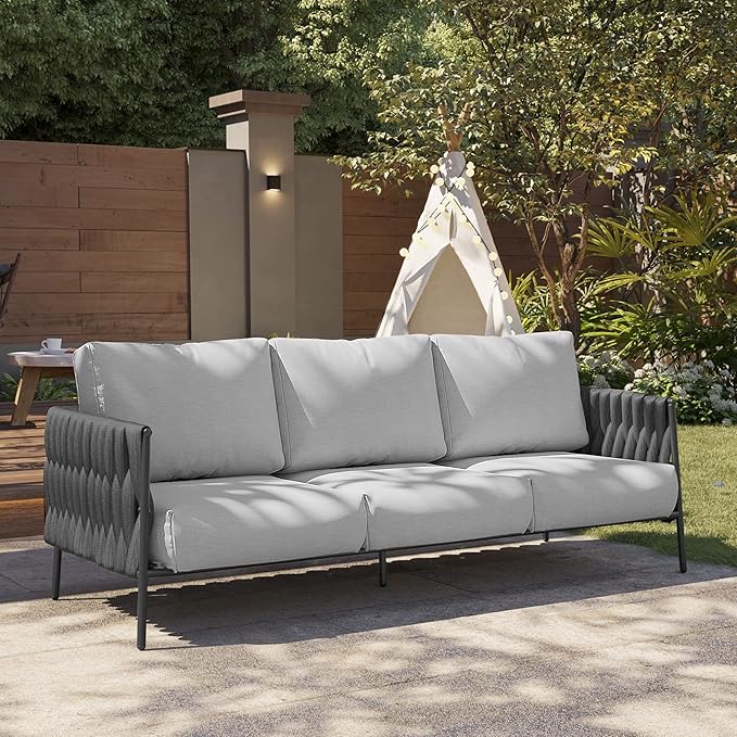EAST OAK Life Chatter Outdoor Sofa, Outdoor Furniture 3 Seats with Waterproof Thick Cushions, Modern Patio Sofa Deep Seating for Outdoor Garden Porch Blackyard, Earth Black & Misty Grey