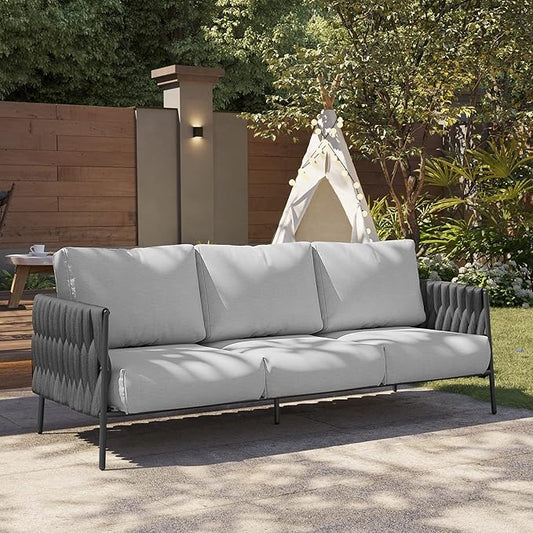 EAST OAK Life Chatter Outdoor Sofa, Outdoor Furniture 3 Seats with Waterproof Thick Cushions, Modern Patio Sofa Deep Seating for Outdoor Garden Porch Blackyard, Earth Black & Misty Grey