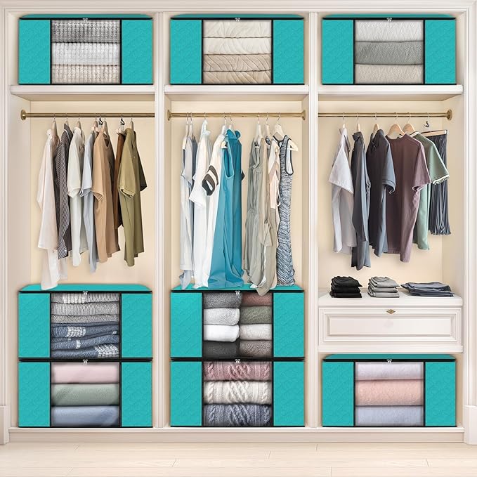 Fab totes 8 Pack Clothes Storage, Foldable Thick Fabric Blanket Storage Bags, Containers for Organizing Bedroom, Closet, Clothing, Comforter,Closet Organization with Handle,Green