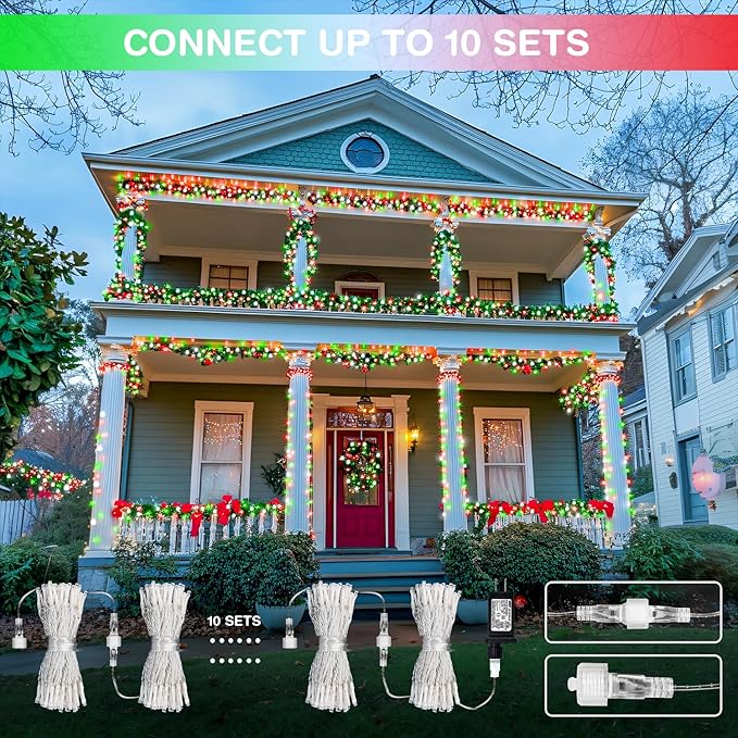 JMEXSUSS 500 LED Red White and Green Christmas Lights, 8 Modes 163ft String Light Plug in with Remote Control, Clear Wire Christmas String Lights Outdoor Waterproof for Outside Tree Yard Wedding
