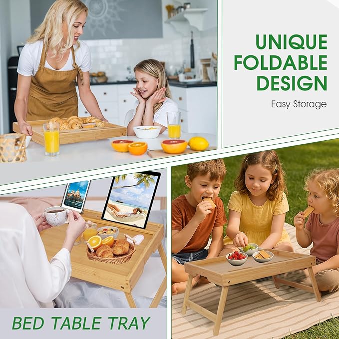 Bed Tray Table with Foldable Legs, Breakfast Food Trays for Eating on Couch with Media Slot for Bed, Eating, TV Tray, Kitchen Serving Tray(Bamboo, Medium)