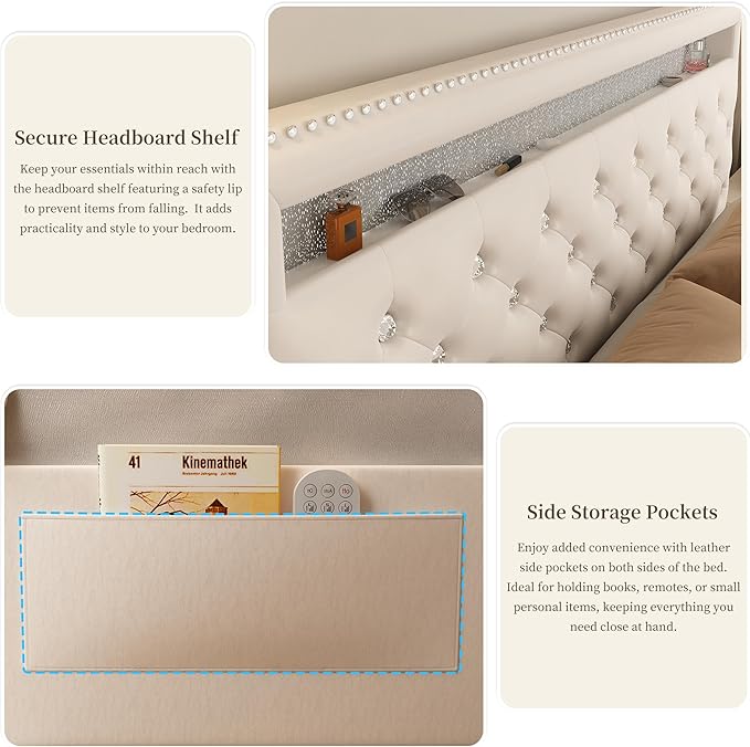 Queen Led Bed Frame with 2 Drawers, Modern Metal Platform Bed Frames Queen Size with Storage, Adjustable Height Crystal Button Tufted Headboard, No Box Spring Needed, Easy Assembly, PU White