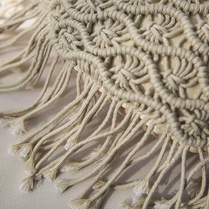 Phantoscope 100% Cotton Handmade Crochet Woven Boho Throw Pillow with Tassel Cute Farmhouse Pillow Insert Included Lumbar Small Decorative Cushion for Couch Sofa, Beige,16 inches Round