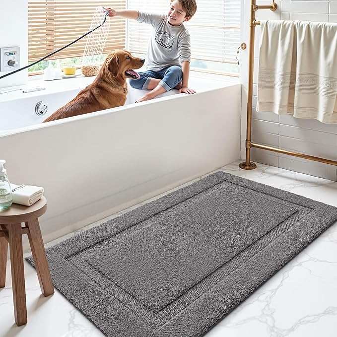 LUMI Ultra Soft Bathroom Rugs Non Slip with Rubber Backing, Absorbent Washable Bath Mat Quick Dry, Upgraded Premium Microfiber Plush Carpet for Bathtub and Shower Floor, Dark Grey, 24x43