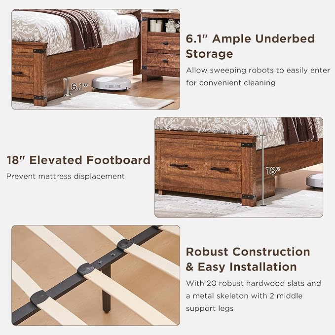 RedLemon Farmhouse Queen Size Bed Frame w/ 54" Tall Geometric Headboard, Rustic Wood Platform Bed w/ 2 Large Storage Drawers, Wood Slats Support, Noise Free, No Box Spring Needed, Reclaimed Barnwood