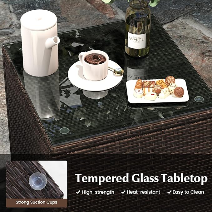 Tangkula 3 Pieces Patio Rattan Furniture Set, Outdoor Conversation Set with PE Wicker Armchairs, Tempered Glass Top Coffee Table, Soft Removable Cushions, for Porch Garden Yard Balcony (Navy)