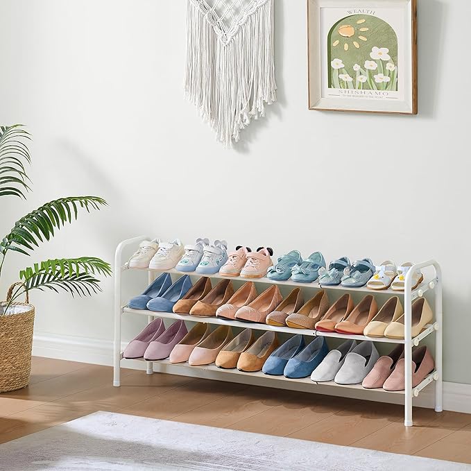 Shoe Rack for Closet, 3 Tier Shoe Organizer, 28“ Metal Shelf Can Expandable to 42“, for Closet, Entryway, Bedroom, Garage, Adjustable to 18 Pairs Shoes, White