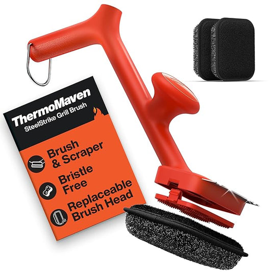 BBQ Grill Brush Bristle Free - 17" Safe Steam Grill Cleaner Brush with Scraper and 3 Brush Heads for Porcelain/Gas/Charcoal Grill Outdoor Grill Barbecue Cleaner