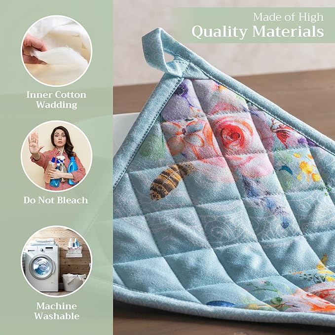 Maison d' Hermine Pot Holders Set 100% Cotton Heat Resistant Potholders 8" x 8" Hot Pads with Loop BBQ, Cooking, Baking, Grilling, Kitchen, Handling Hot Pans Spring/Summer (Pack of 2, Ibiza)