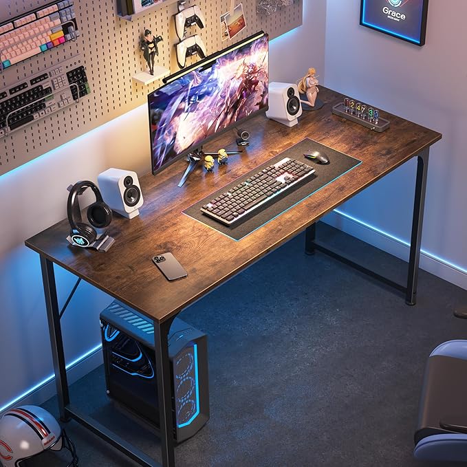 Huuger Computer Desk, 48 Inch Office Desk, Gaming Desk with Storage, Writing Desk Work Desk for Home Office, Study, Modern Simple Desk, Large Legroom, Metal Frame, Rustic Brown