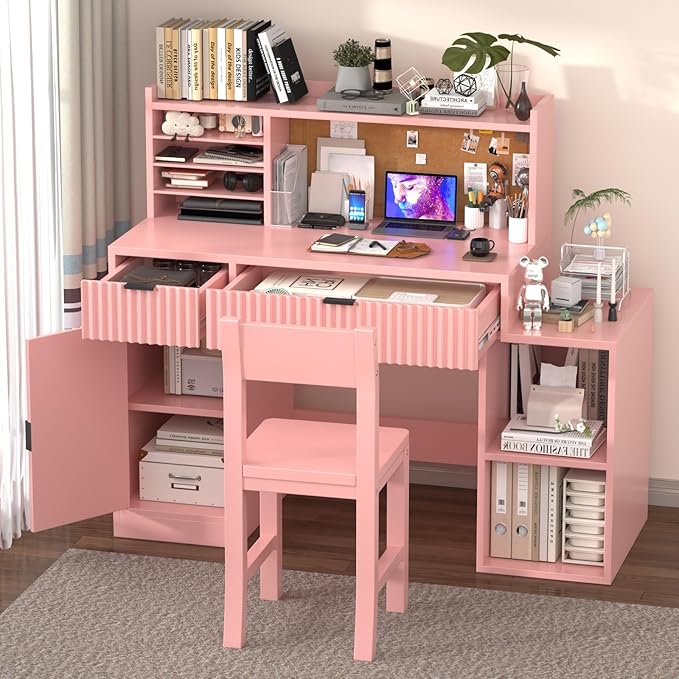 Pink Wooden Kids Fluted Desk and Chair Set,Kids Study Table and Chair Set with 2 Fluted Drawers,Kids Study Desk with 3 Storage Cabinets,Girls Study Desk for Kids with Hutch for Bedroom-Fa2Ox7