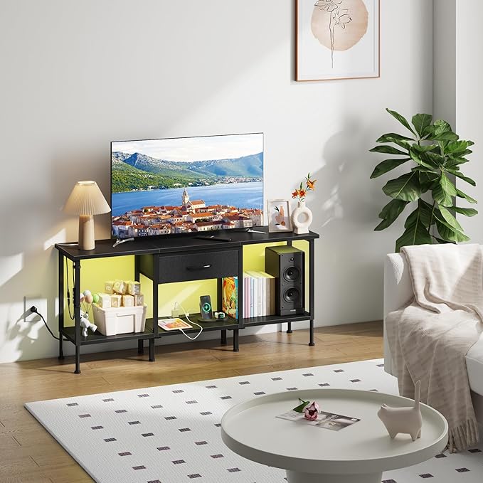 LED TV Stand with Power Outlet and Fabric Drawer for 55 50 45 Inches TV - Entertainment Center and Industrial TV Console Table for Living Room, Bedroom- 47" Black