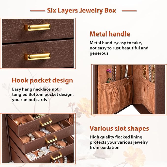 AKOZLIN Jewelry Box Organizer Functional Leather Jewelry Storage Case for Women Girls Ring Necklace Earring Bracelet Holder Organizer with Mirror Brown