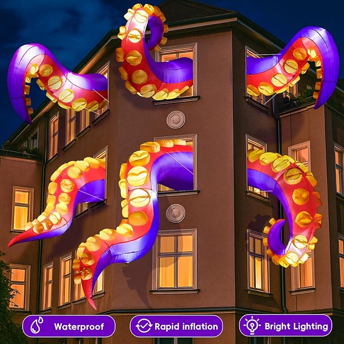 Max Fun 4pcs Halloween Inflatables Octopus Tentacles Outdoors Decorations with LED Lights Built-in Blow Up Yard Decoration for Outdoor Garden Lawn (8FT- Halloween Inflatables Octopus Tentacle)