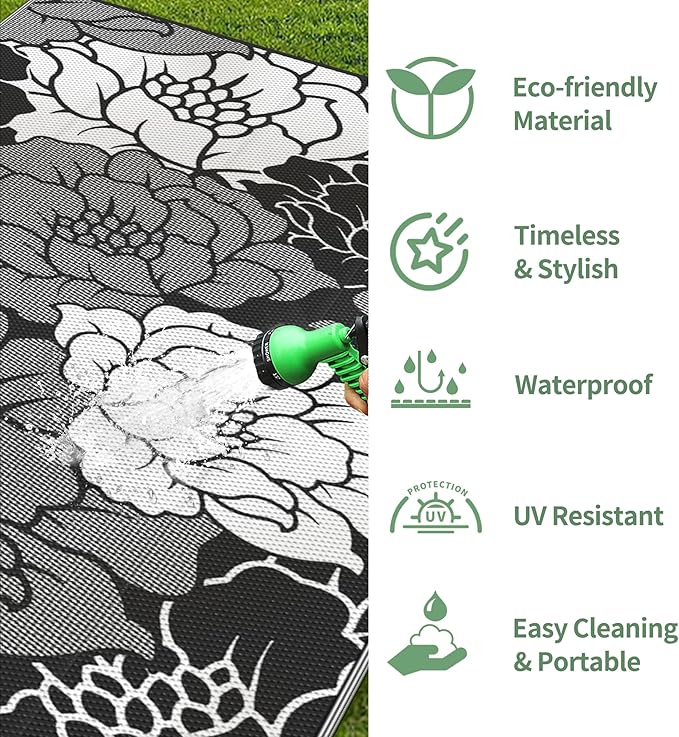 GENIMO Outdoor Rug Waterproof for Patio Decor, 5' x 8' Reversible Plastic Straw Floral Camping Carpet, Large Area Rugs Mats for RV, Camper, Deck, Balcony, Porch, Beach, Picnic, Mix-Black & White