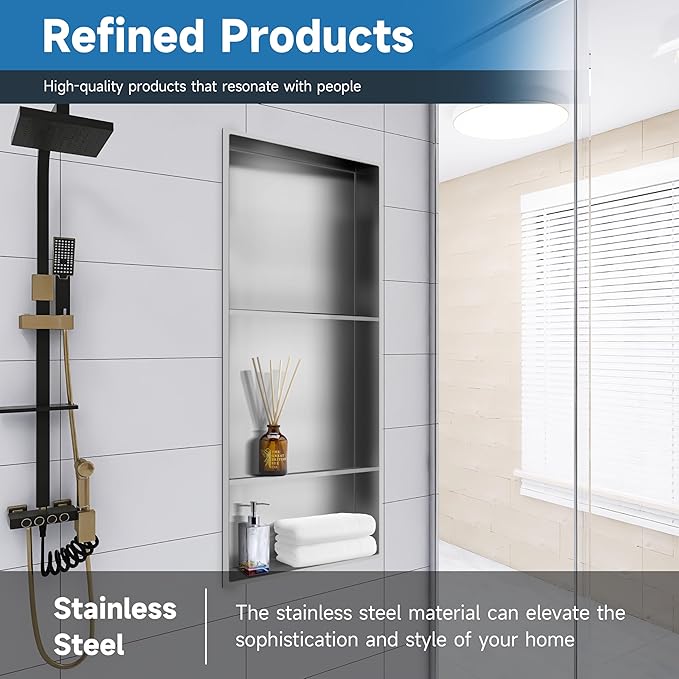 30" X 12" Stainless Steel Shower Niche Insert Tile Ready, Niche for Shower Wall, 3-Tier Recessed Shelves No Tile Needed for Bathroom Storage, Brushed Nickel
