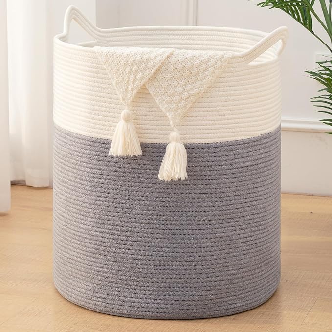 Laundry Basket, 100L Large Laundry Hamper, Tall Woven Rope Storage Basket for Blanket Toys Pillows Towels, Baby Nursery Hamper Bin for Living Room, Bedroom (Grey & White)