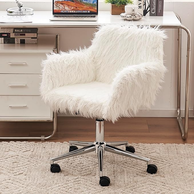 Goujxcy Fluffy Desk Chair, White Faux Fur Vanity Chair Swivel Office Chair for Girls Women, Height Adjustable Cute Plush Furry Makeup Chairs for Bedroom Home Office