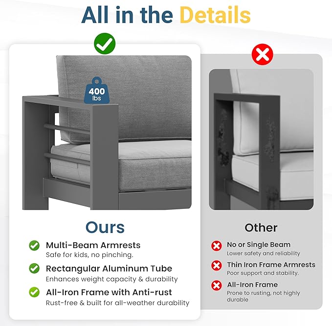 Wisteria Lane Patio Furniture Metal Armchair, Set of 2, Metal Outdoor Chairs with Upgraded Cushions, All-Weather Outdoor Single Sofa for Balcony, Garden, Deck, Backyard, Grey