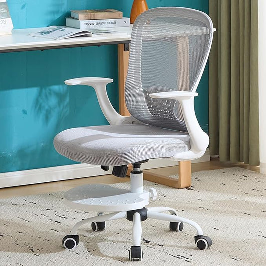 Kids Desk Chair Ergonomic Study Chair Swivel Mesh Desk Chair with Adjustable Arm Height Footrest Wheel Computer Home Office Chair for Children Boys Girls Students Bedroom School Age 5-13 Grey