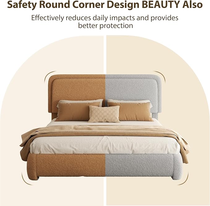 Queen Bed Frame, Teddy Velvet Boucle Bed Frame with 43.3"/45.3" Adjustable Upholstered Headboard, Rounded Corners, Mattress Foundation, No Box Spring Required, Brown