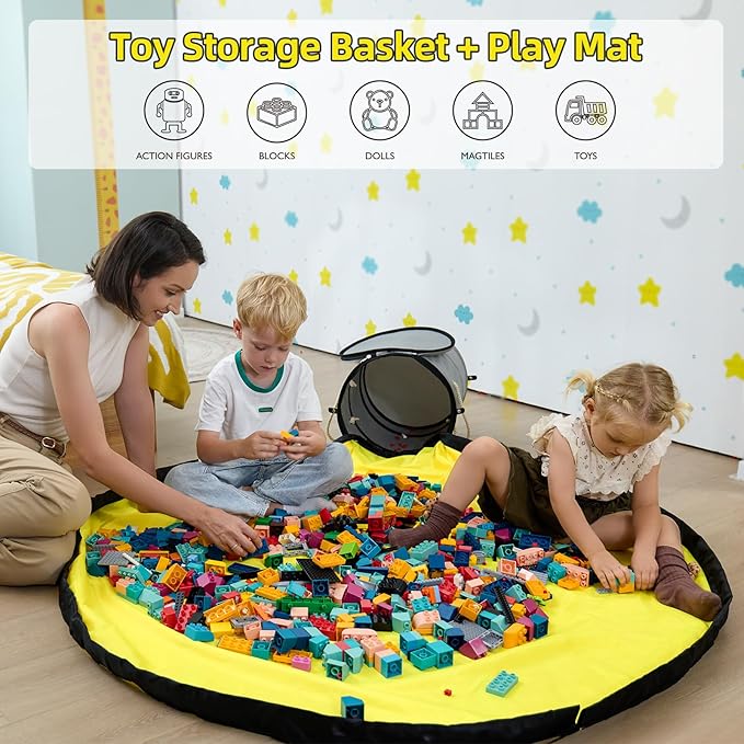 Toy Storage Basket with Slide and Large Play Mat for Boys and Girls Building Blocks Organizer, Foldable Fabric Storage Container Basket Bin Kids Toy Box with Rug for Boy Playroom Organization