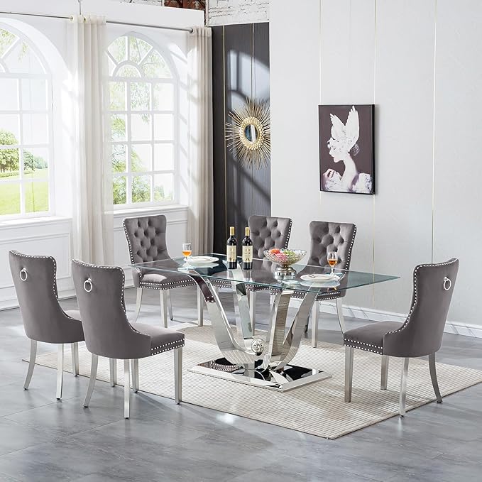 70" Modern Silver Glass Dining Table Set for 6, 7-Piece Rectangle Kitchen Dining Room Table Set with Steel Base & 6 Grey Velvet Upholstered Chairs, Modern Glass Kitchen Table and Chairs Set of 6