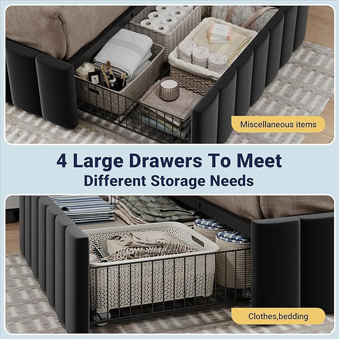 Allewie Queen Size Platform Bed Frame with 4 Large Storage Drawers, Velvet Vertical Channel Tufted Upholstered Bed Base, Wooden Slats Support, Noise-Free, No Box Spring Needed, Easy Assembly, Black