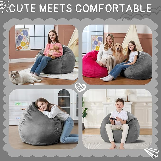 2FT Bean Bag Chair with Ultra Soft Velvet Cover Bean Bag Sofa with Memory Foam Bean Bag Chairs with Large Size Lazy Sofa for Dorm Office Living Room Bedroom Grey 2'