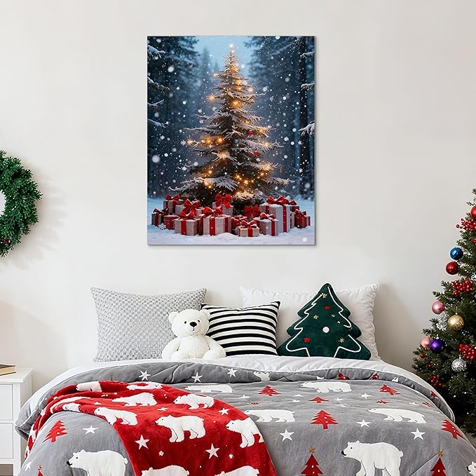 Framed Christmas Pictures Wall Decor,Vintage Pine Tree Prints,Winter Christmas Canvas Wall Art Decoration for Bedroom Bathroom Living Room Rustic Xmas Holiday Gifts (Christmas Tree 14, 24'' X 36'')